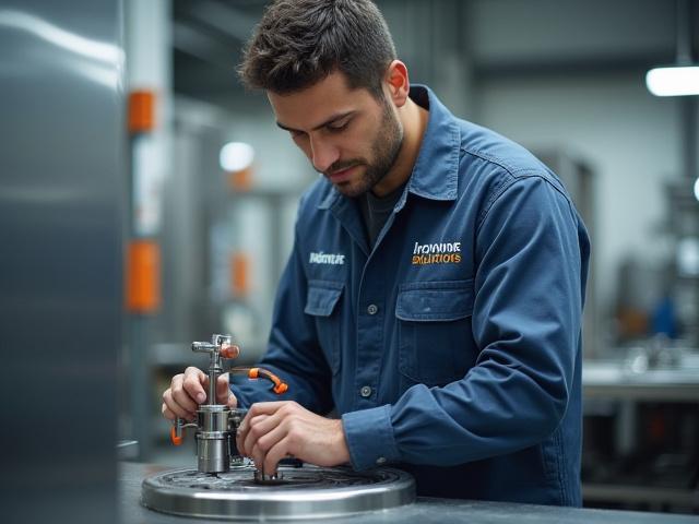 Technician working meticulously on metal appliance components in a clean, modern workshop at Ironvine Solutions in Dubai.