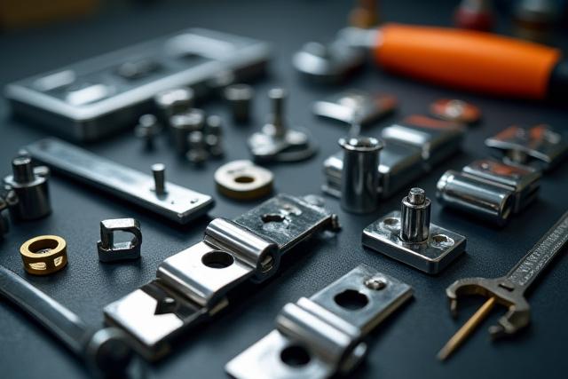 Close-up of various shiny metal appliance parts and tools